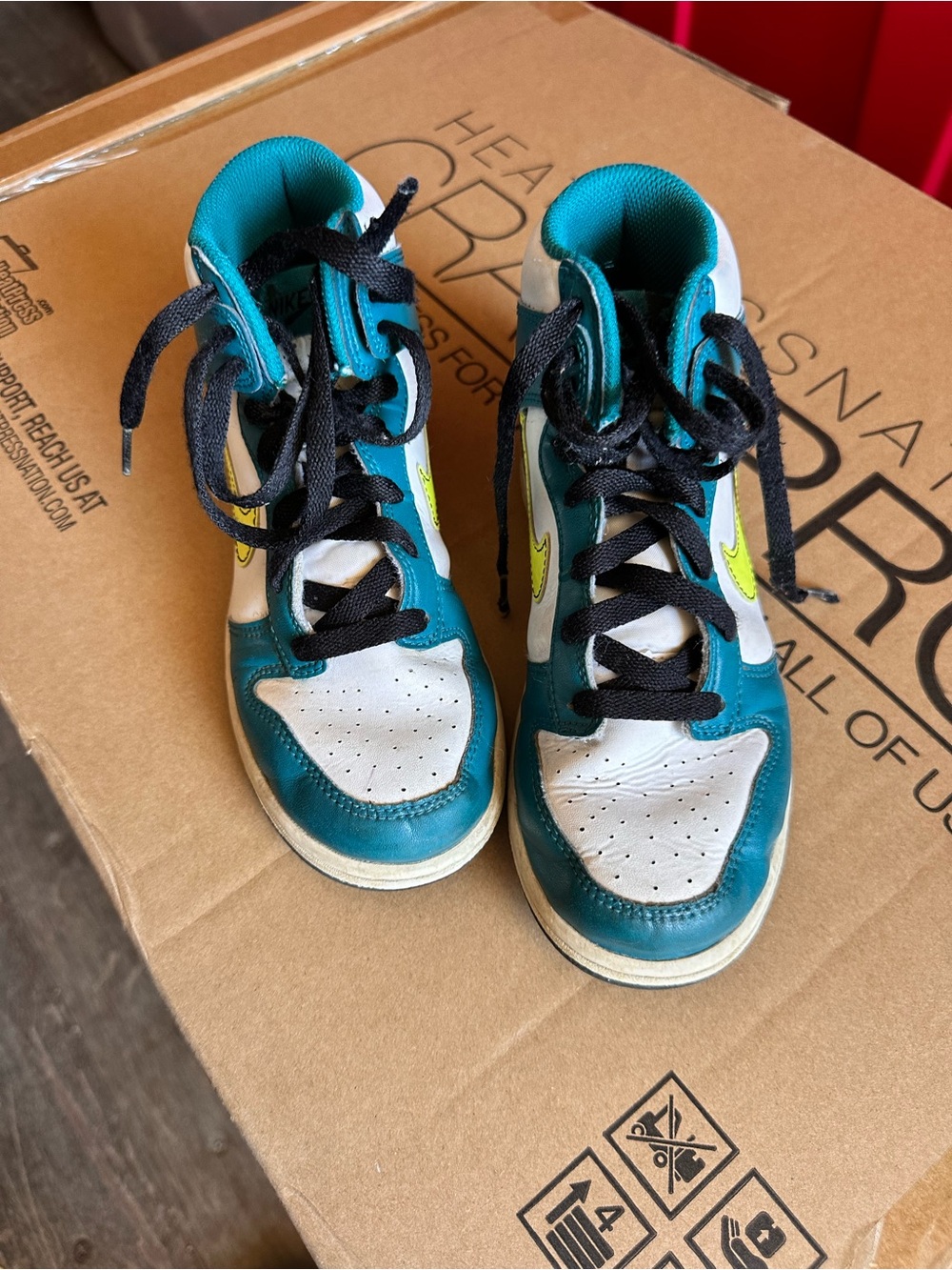 Nike Kids Teal, White and Neon Yellow High-Top Sneakers